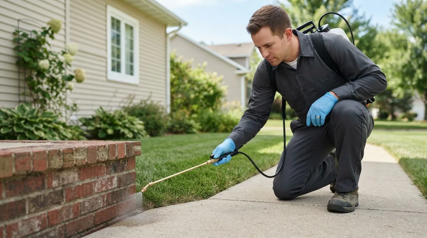 Pest control technician treating a home near Shepherd, MI