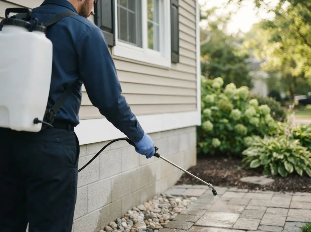 Pest control technician inspecting a home in Shepherd, MI